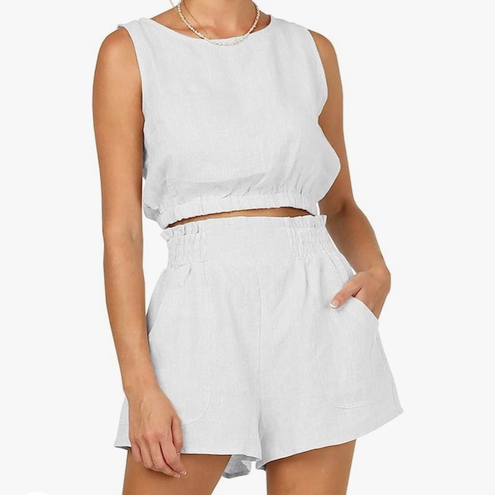 Sucolan White Linen Feel crop Top & Shorts Set 2 pc Romper or Outfit M, L, XL